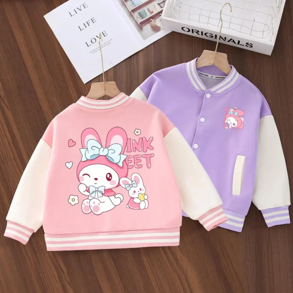 Anime Sanrio My Melody Girls Baseball Uniform Cinnamoroll Kuromi Athleisure Coat Outdoor Jacket Spring Autumn Children Clothing