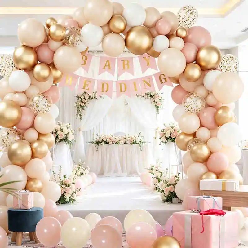 Retro Pink Macaron Orange Gold White Blush Balloons Garland Arch Kit with Confetti Latex Balloons for Girls Baby Shower Decor