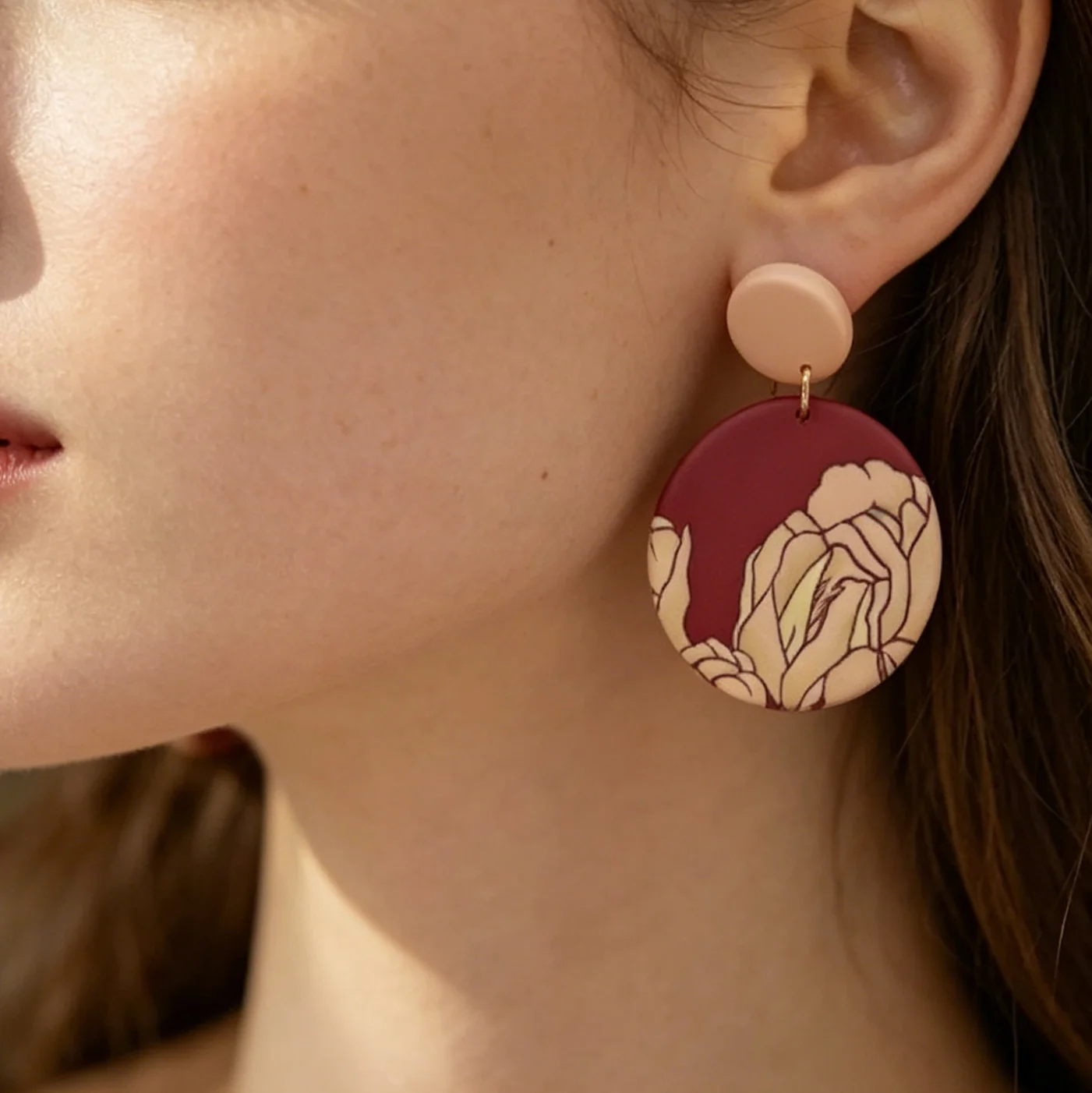Art Floral Vintage Abstract Pattern Handmade Polymer Clay Earrings Set for Women Big Size Long Dangle Multi Shapes Warm Colors