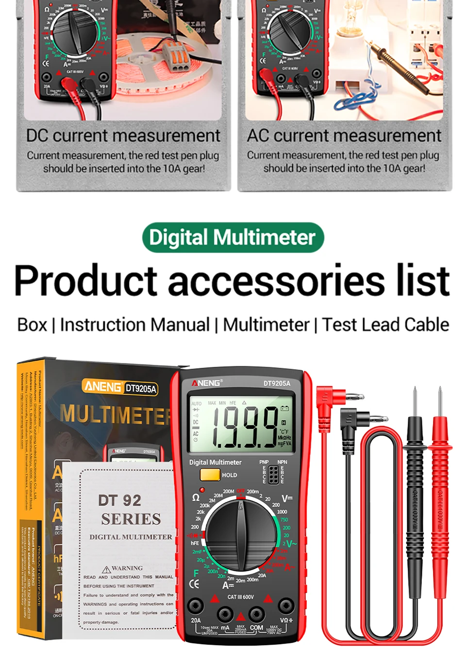 ANENG DT9205A Multifunktionales Digitalmultimeter mit 1999 Zählungen, Summer, Dioden- und Transistortest, Universalmessgerät für Elektriker – Detail 13