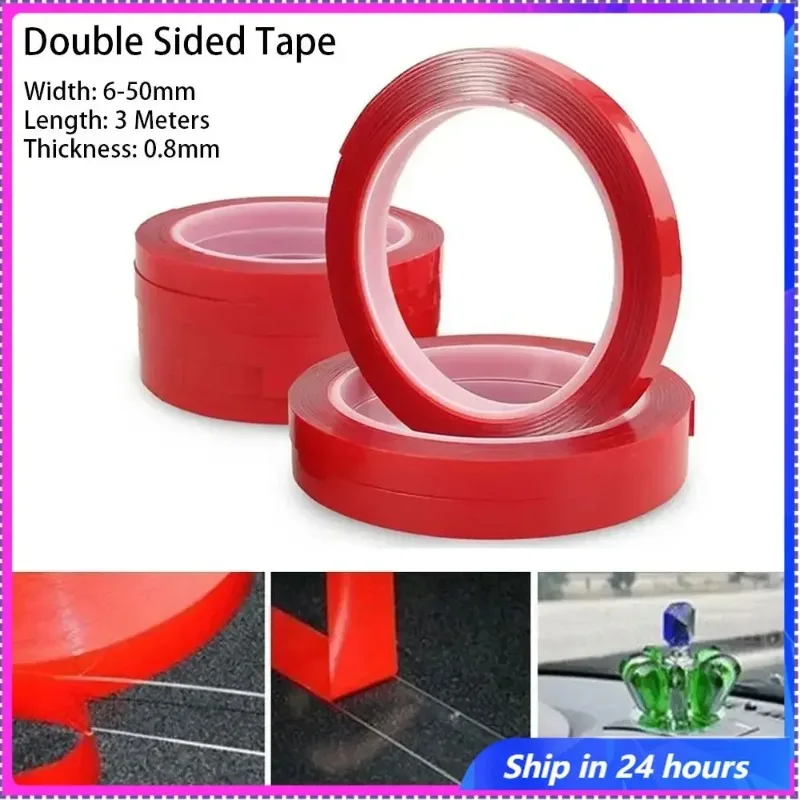 

3 Roll/ Meters PET Red Film Double Sided Tape 6-50mm Width Strong Self Adhesive Sticker Tape Clear Acrylic Fixed Pasted Tapes