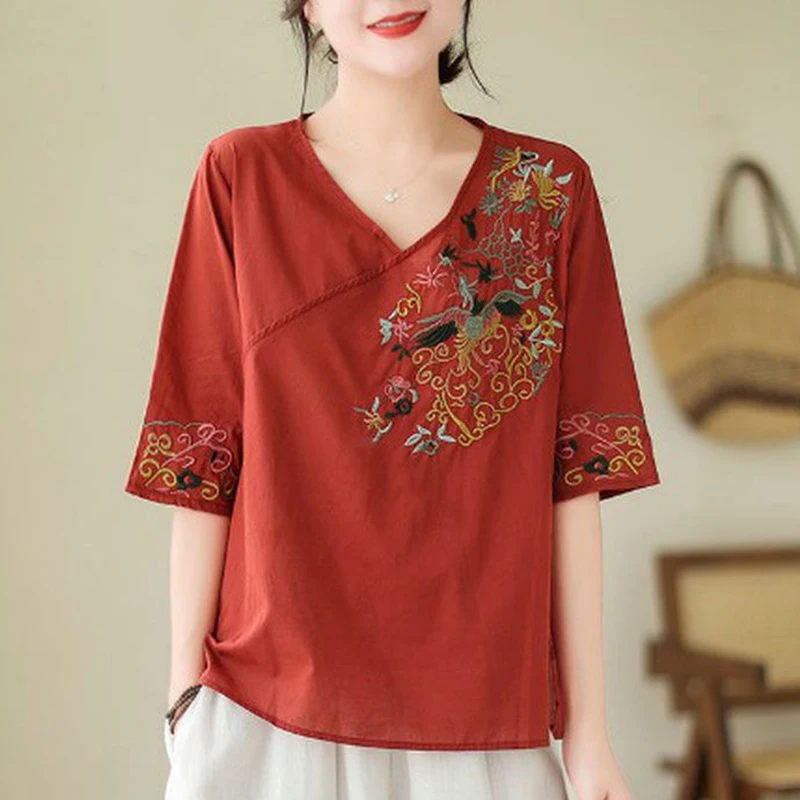 

Fashion V-Neck Spliced All-match Embroidery Blouse Women's Clothing 2025 Summer New Casual Pullovers Asymmetrical Commute Shirt