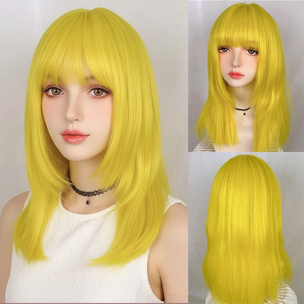 

Women's Synthetic Long Yellow Layed Straight Wig with Bangs For Cosplay Lolita Anime Party Wear Fake Hair