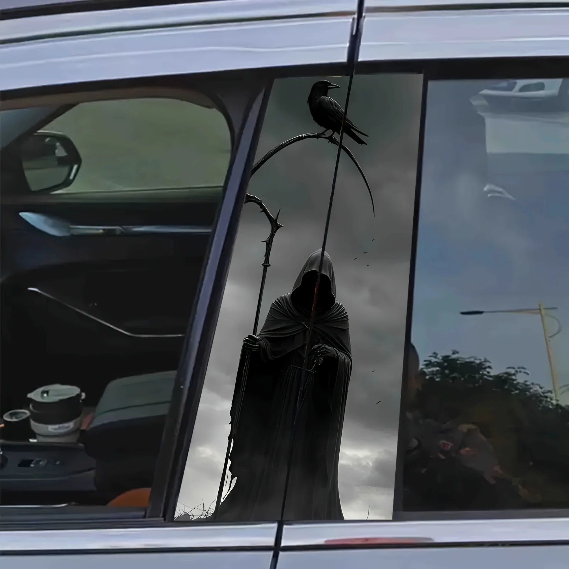 2 pieces of Silent Reaper Vinyl Car Stickers - B-pillar protective film, scratch resistant and waterproof Gothic horror design,