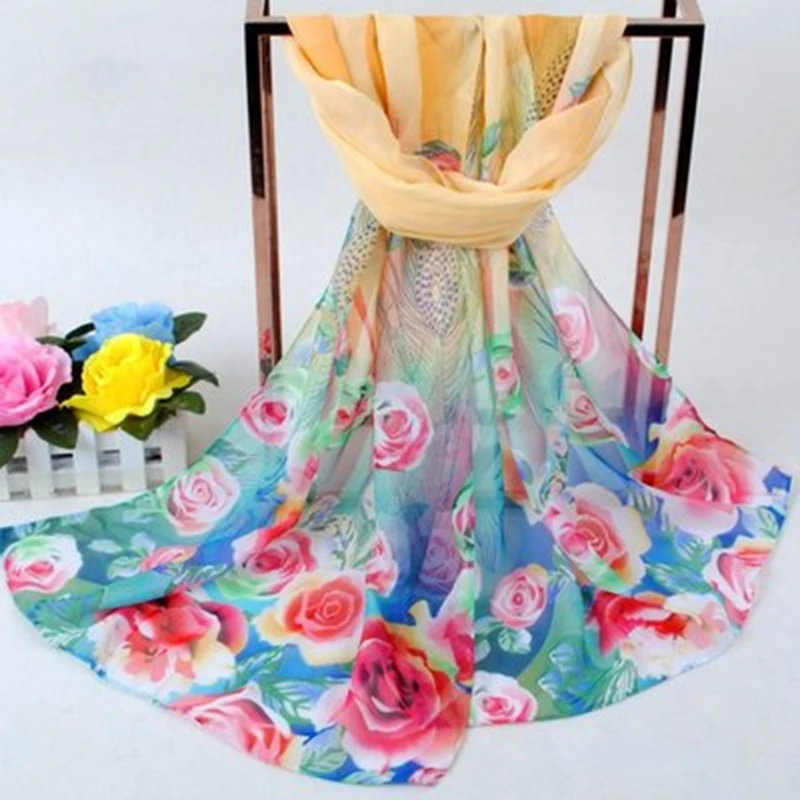 2024 New Fashion Women Floral Printing Beach Silk Scarf Shawls Female Long Wraps Beach Sunscreen Hijab