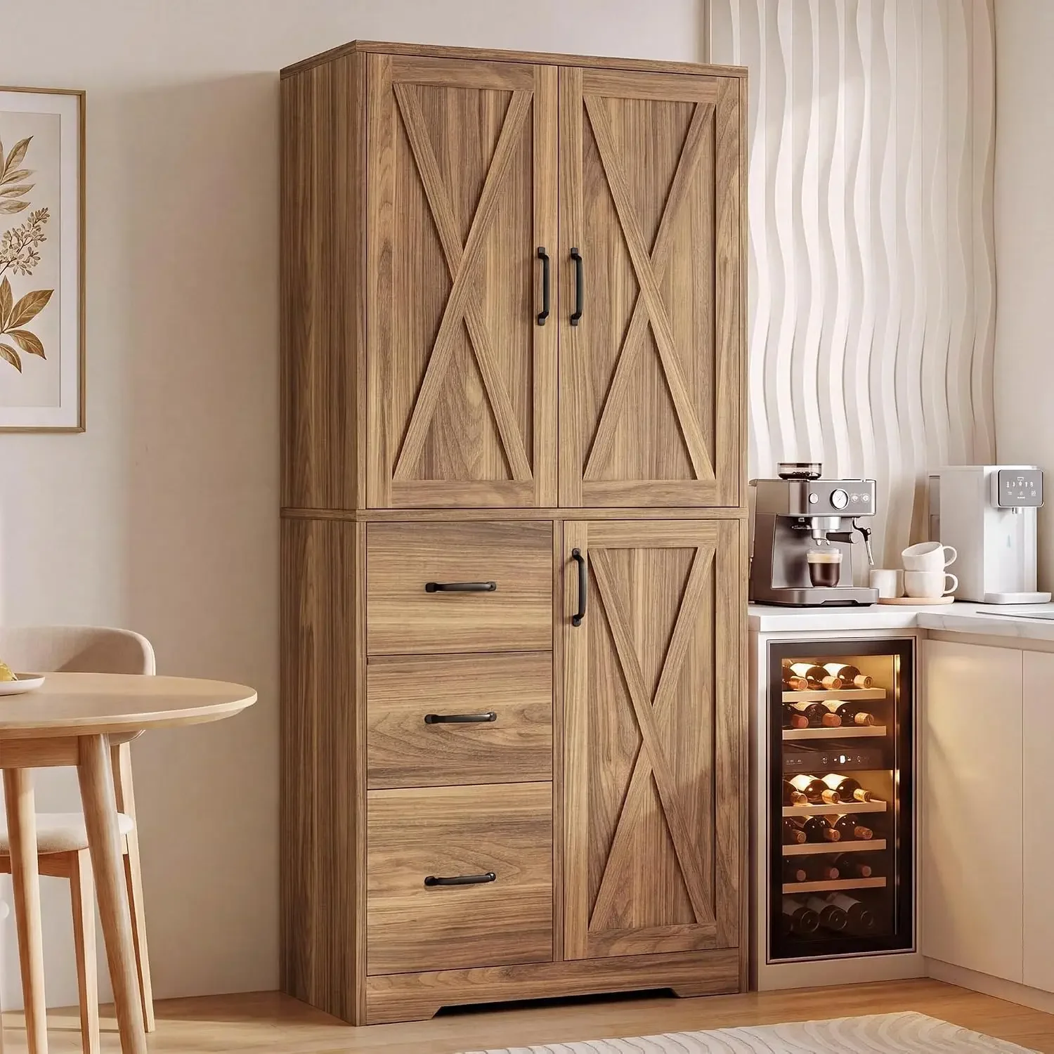 Pantry Cabinet, 67.5 inch Tall Storage Cabinet with 3 Doors & Drawers, Farmhouse Kitchen Cabinet with Adjustable Shelves, 5 Tier