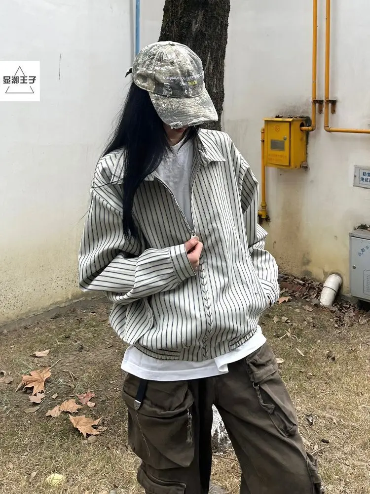 

Foufurieux Zipper Jacket for Men and Women SpringAutumn High Street Retro Stripe Jacket Trendy Short Loose Casual Coat Women Top
