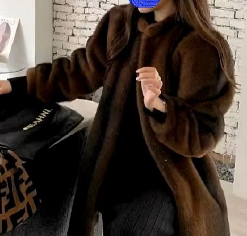 Plush Mink Fur Coat for Women, Luxury Medium Length Soft Thickened Small Round Neck Winter New 2024