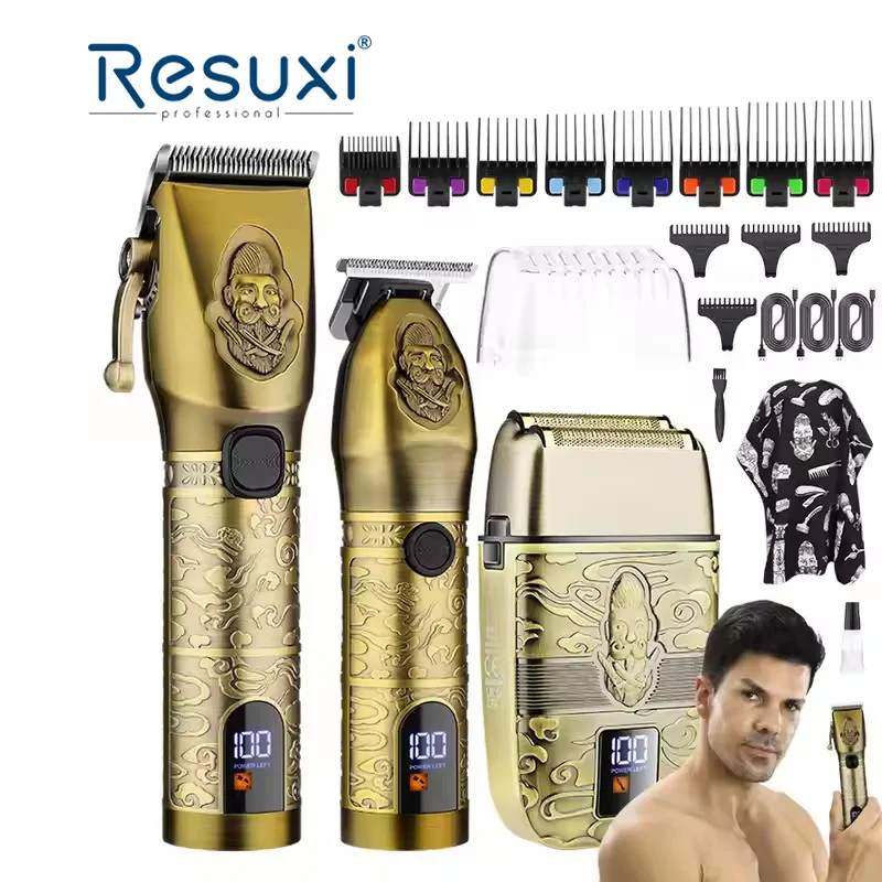 

730 Resuxi 3 Pieces Set New Hair Clippers Hair Trimmer Men Shaver Set Metal Body with All Gold Electric Usb Stainless Steel