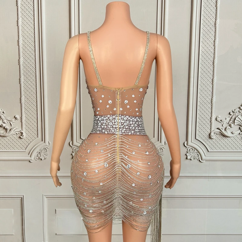 فستان مثير بسلسلة من أحجار الراين الشبكية للنساء فساتين حفلات رقص الجاز ملابس مهرجان المسرح بار ملهى ليلي DJ Gogo زي XS10627 #5