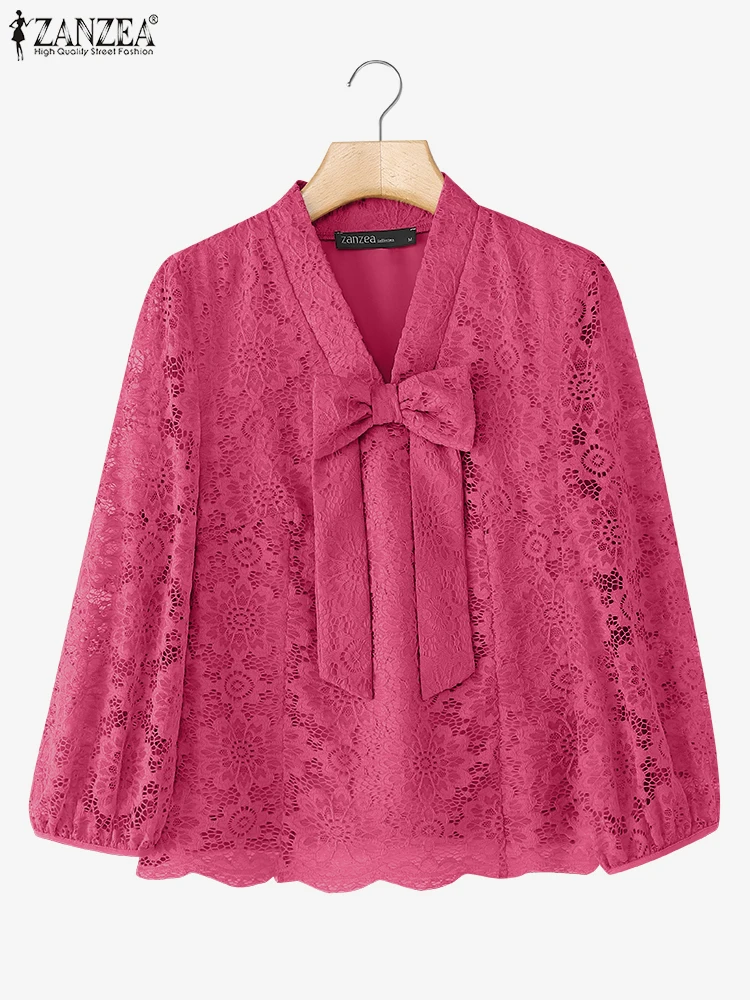 เสื้อแฟชั่น ZANZEA 2025 เสื้อผู้หญิงหรูหรา แต่งลูกไม้ คอวีผูกโบว์ เสื้อทำงานสำหรับสุภาพสตรี แขนพอง 3/4 สไตล์ลำลอง เสื้อเบลาส์