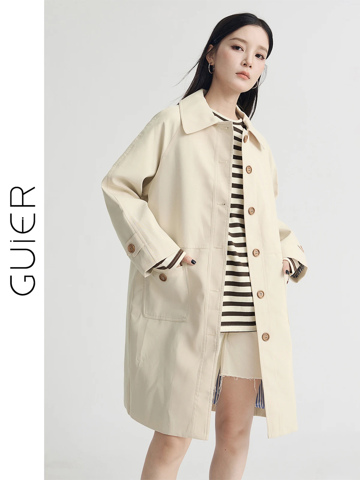 

Guier Women's Long Coat Spring 2025 Ele Loose Sle Small Size Big Coat Polyester Material Long Sve Collar Single...