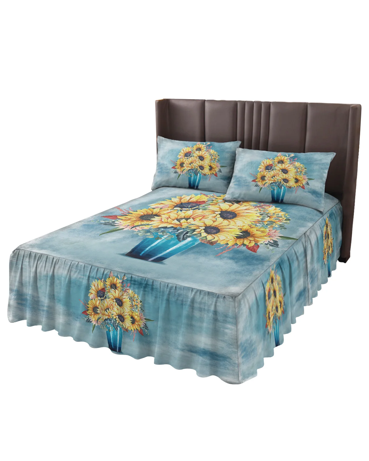 Oil Painting Texture Sunflowers Vases Bed Skirt Elastic Fitted Bedspread With Pillowcases Mattress Cover Bedding Set Bed Sheet