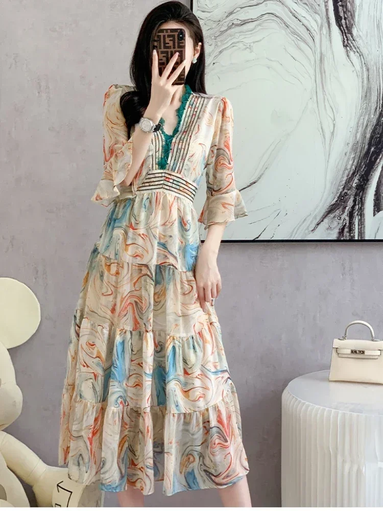 

2024 Summer Flower Print Beach Boho Party Dresses Women Chiffon Half Flare Sleeve V Neck Lace Trims A-Line Ruffles Midi Vestidos