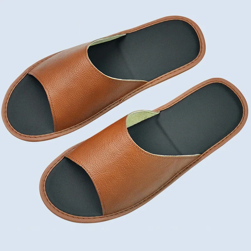 Genuine Cow Leather Slippers Homes in Indoor Slipper Summer Open Toe Sandals Men Women Elderly Casual Single Slides Shoes