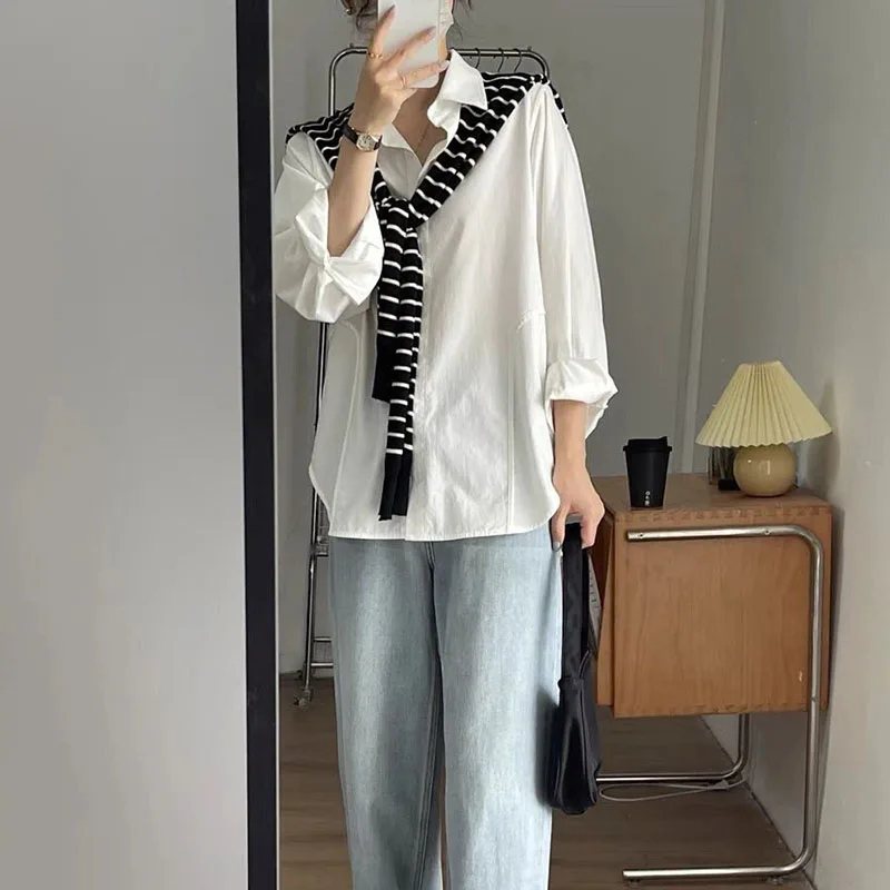 Lucyever White Long Sleeve Blouse Women Spring Summer New Loose Design Lapel Shirt Woman Korean Single-Breasted Office Shirts