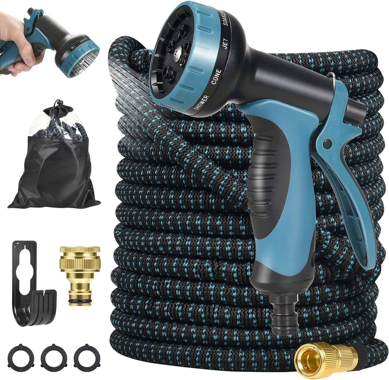 15m/50FT Expandable Watering Hose, 2500D Flexible Watering Hose with 10 Function Spray Gun and TPE Copper and Aluminum Joint