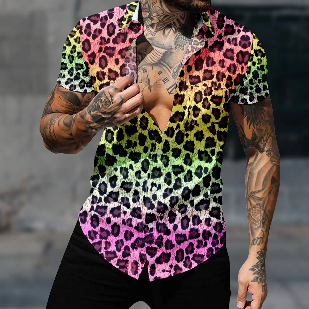 

Casual Hawaiian Shirt Short Sleeve Shirt For Men Gradient Color LeopardVintage Harajuku Y2k Fashion Streetwear Cozy Clothes