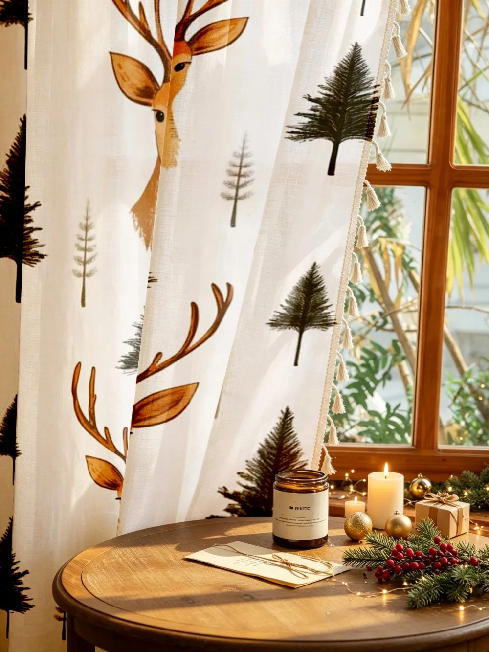 1PC Christmas Tassel Sheer Curtains, Reindeer Pine Tree Forest, Digital Print, Linen Polyester, Bedroom Living Room Home Decor