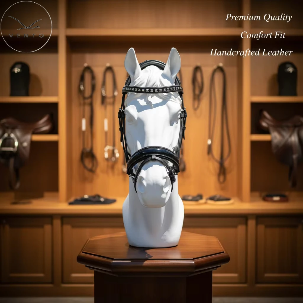 VERTO Premium Swedish Leather Horse Nose Strap | Adjustable Single-String Crank with Padded Forehead Strap for Training