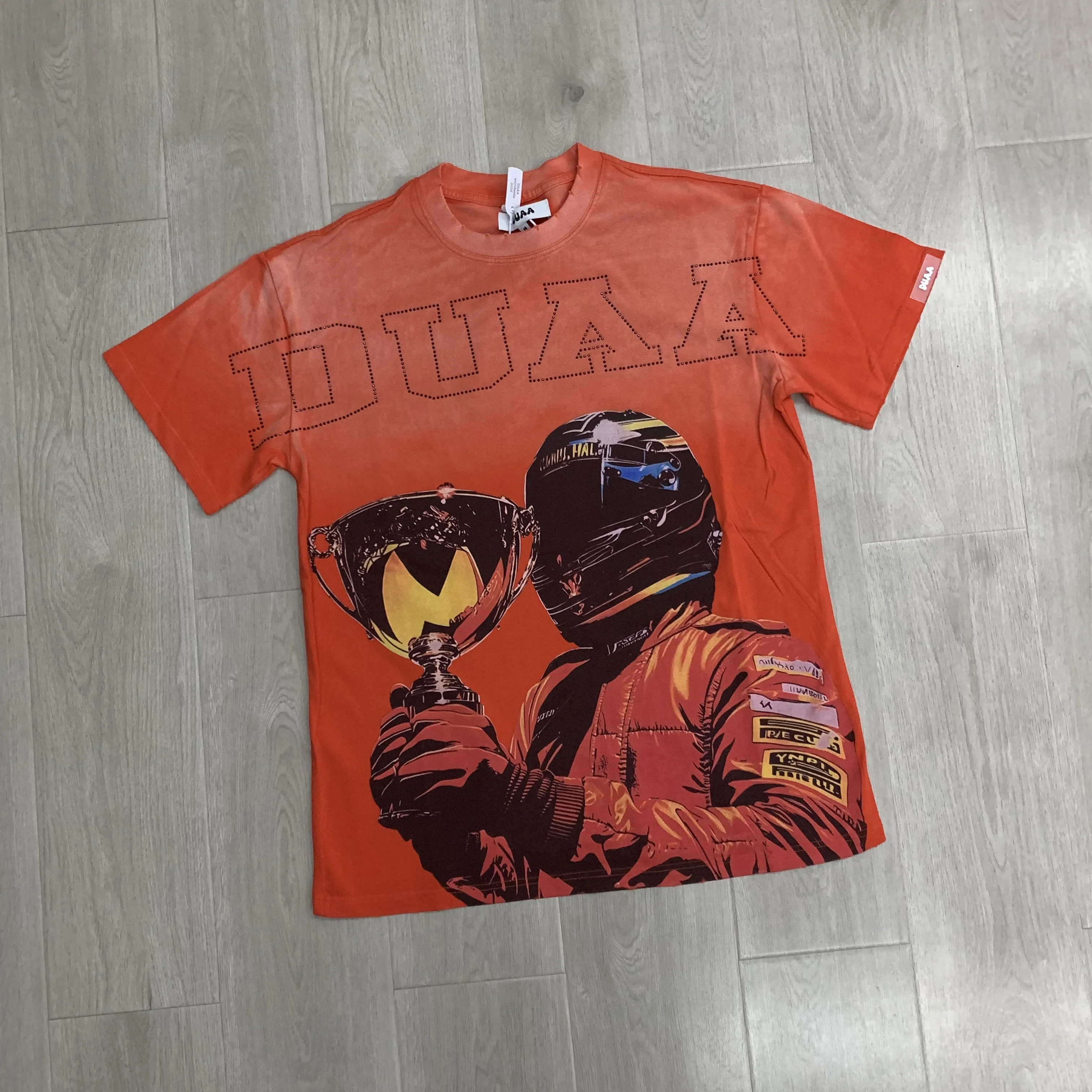 American Style Trendy Brand  Print High Street Washed Diamond Heat Break Loose Heavyweight Pure Cotton Short Sleeve T...