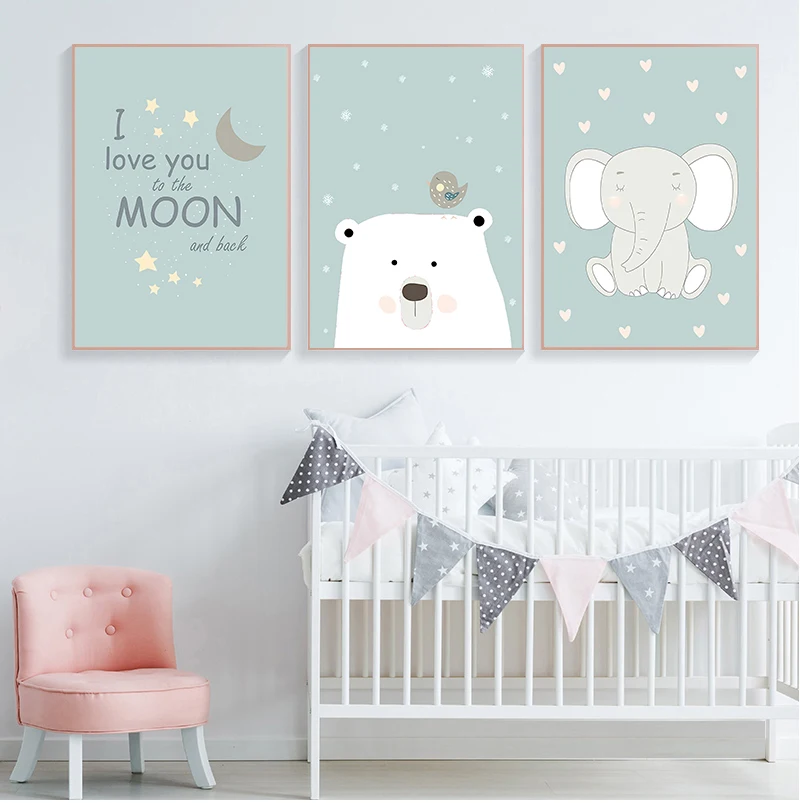 Nursery Home Decor Canvas Painting Cartoon Animal Elephant Bear Good Night Illustration Blue Theme Child Baby Room Wall No Frame