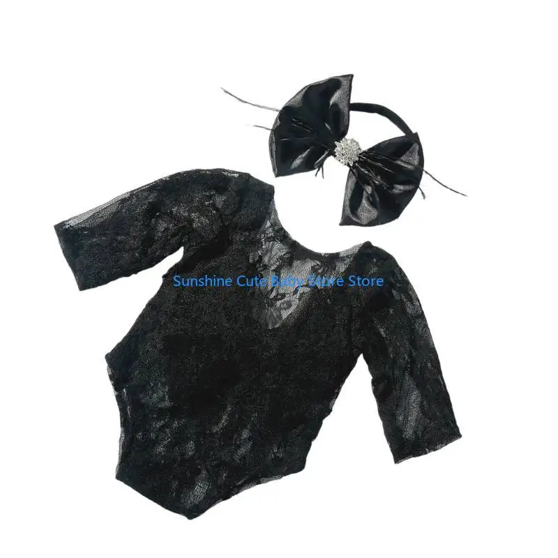 

C5AF Beautiful Lace Romper & Headband set unique kids Outfit Baby Clothing for Newborn Baby Photography and Celebrations
