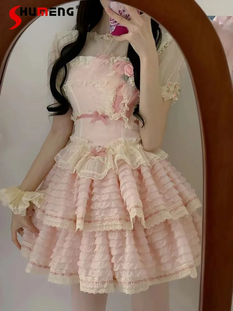 Princess Japanese Lolita Layers Strao Cake Dress Woman 2023 Summer New Kawaii Cute Pink Sweetheart Girl Tulle Tutu Short Dresses