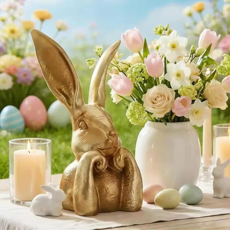 

Spring Bunny Gold Rabbit Statue Cute Resin Easter Bunny Figurine Home Ornament for Shelf Dining Table Mantel Entryway Desk