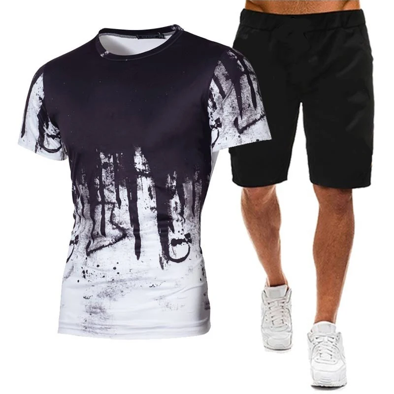 Fashion Summer Men\'s Sports Suit Cotton Print T-shirt Shorts Comfortable Short-sleeved Shorts 5 Colors