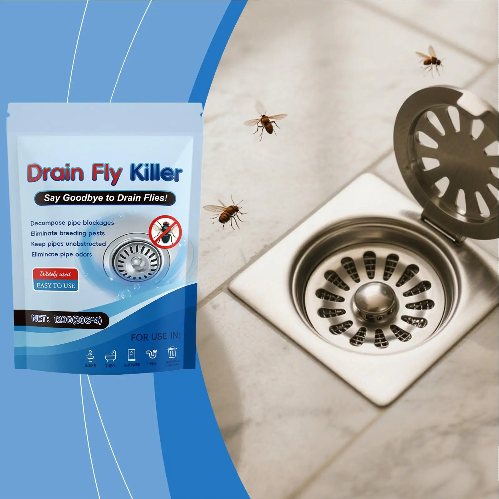Sink Fly Drain Eliminator Long-Lasting Odor Removal Cleaner Drain Fly Control Powder Indoor for Home Kitchen Bathroom Shower Tub