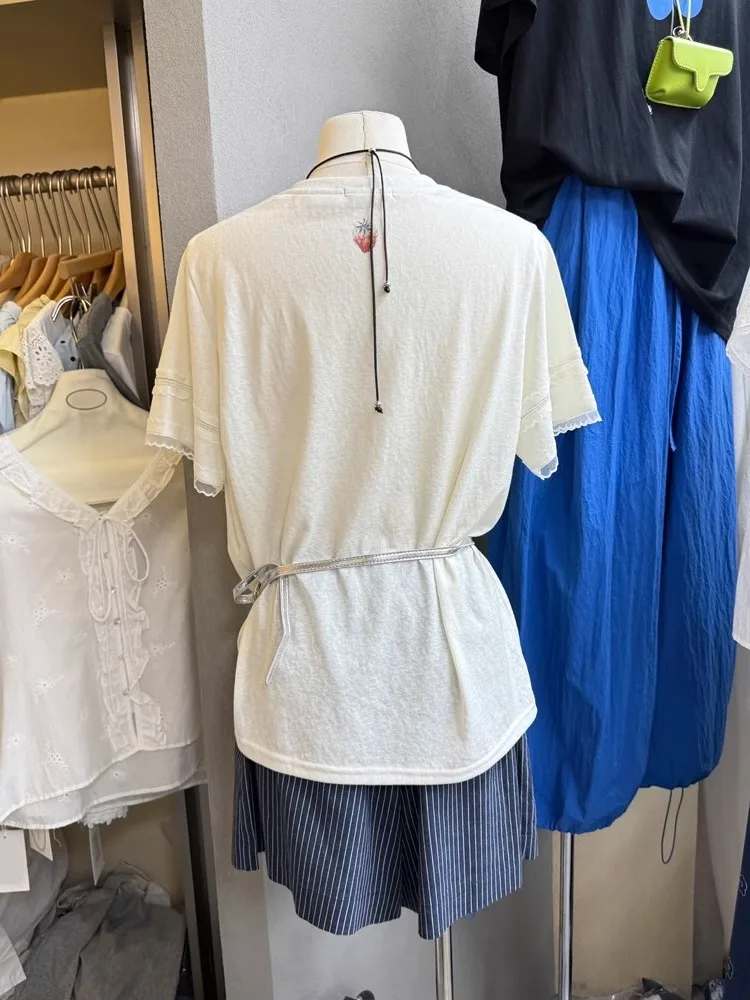 Sweet Japanese Sle ort Sve T-irt Men Women Summer Lace Splicing Slimming Versatile Top Casual Loose Fit round Ne