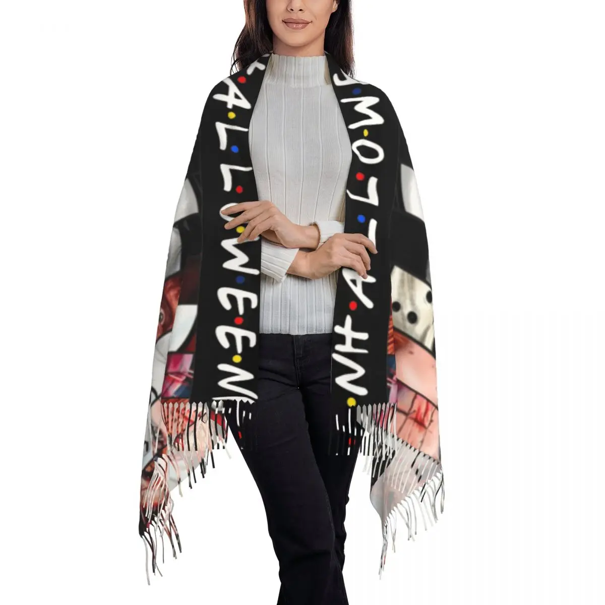 여성용 따뜻한 스카프, 내 무서운 할로윈 코스튬 스카프 랩, 술 빈티지 숄 랩, 겨울 그래픽 버판다
