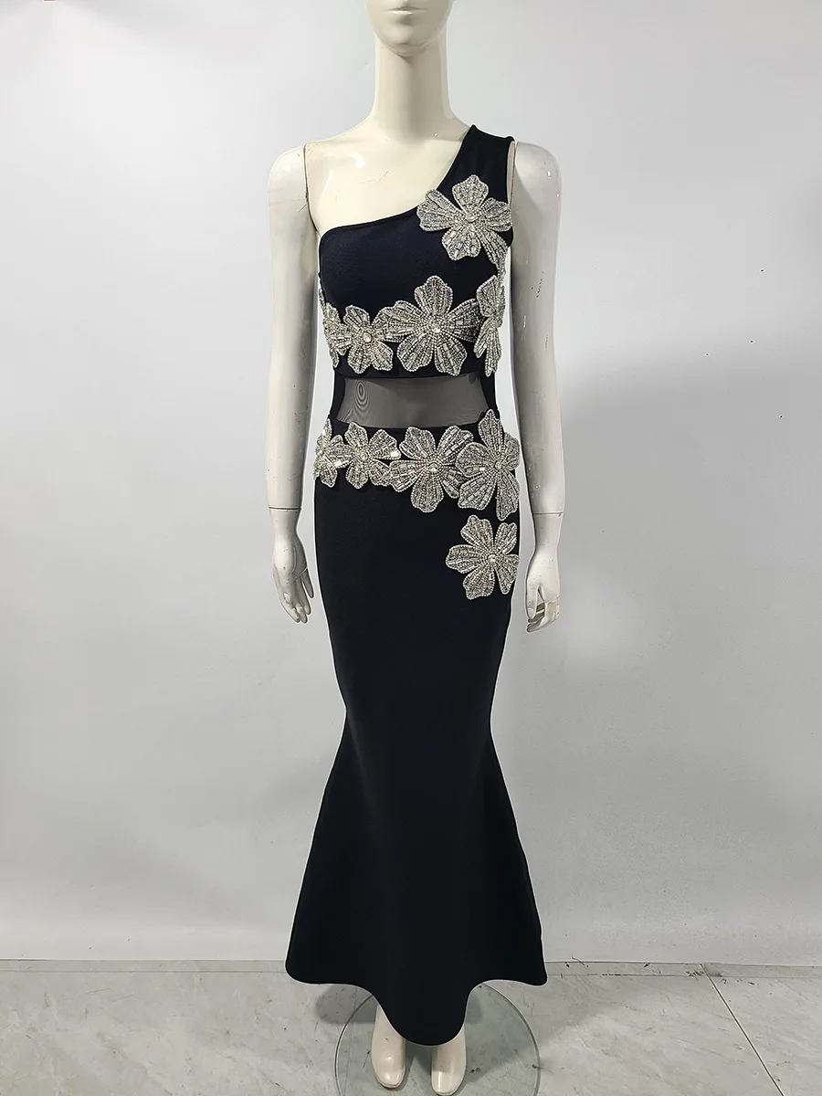 Sukienka damska seksowna, błyszcząca, z kwiatowym wzorem, zdobiona cyrkoniami, z jednym ramieniem, z siateczkowymi wycięciami, długa, czarna, bandażowa, typu syrena, luksusowa suknia wieczorowa na przyjęcie.