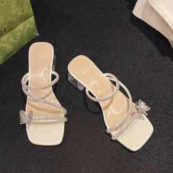 New Summer Sexy Fashion Open Toe Women's Sandals Water Diamond Shining Square Headed Banquet Women's High Heels Large Design