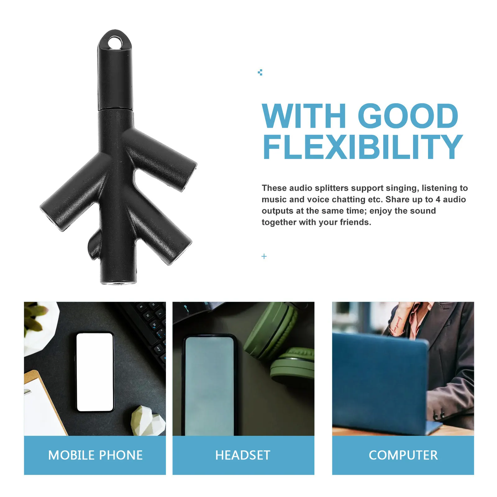 4 Way Audio Splitter Adapter Headphone Headset Earphone Plastic Metal Lightweight Portable Supports Singing Music Chatting Share