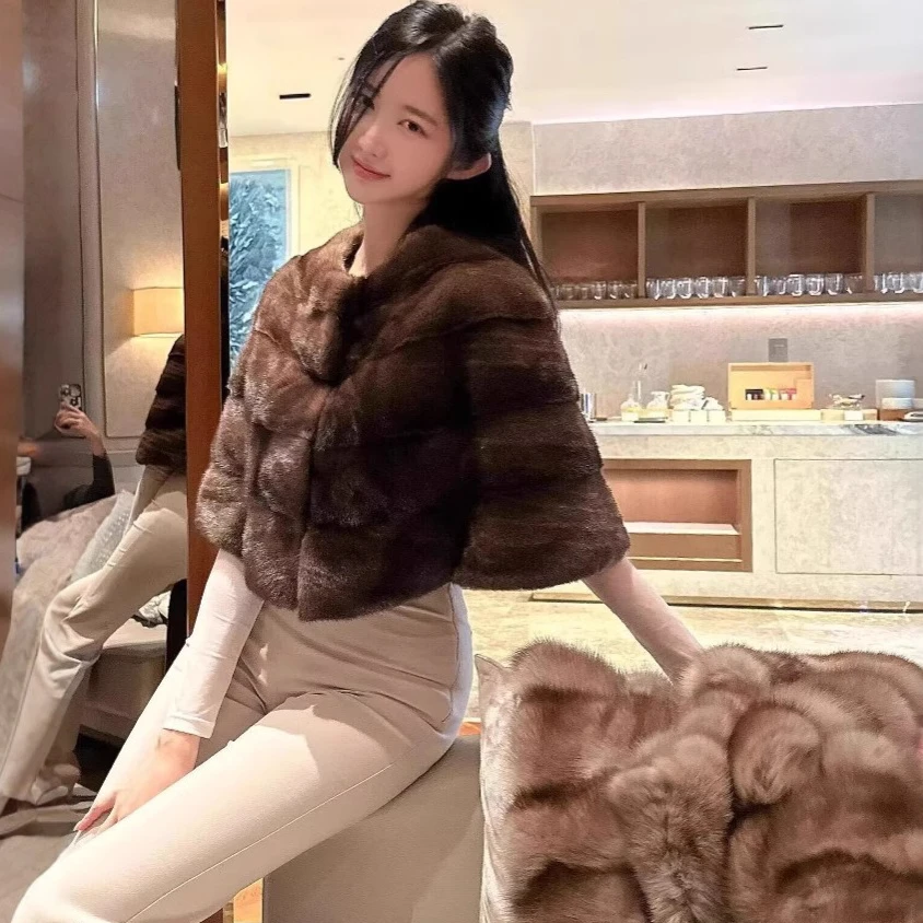 Women Faux Mink Fur Cape Coats Short Fur Jackets Round Neck Coverd Button Thick Warm Fur Loose Fit Casual 2025 Autumn Winter