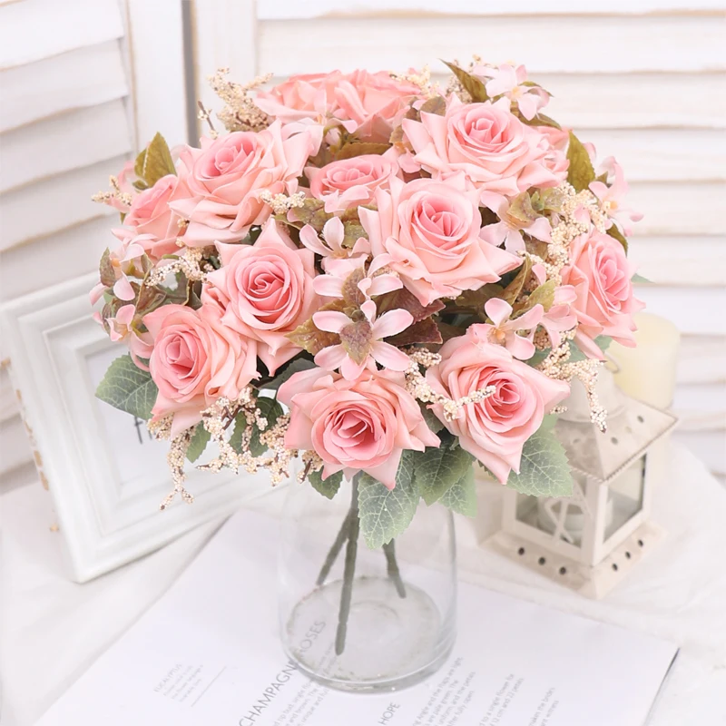 7 Heads Retro Rose Silk Bride Bouquet Artificial Pink Flowers Wedding Home Room Christmas DIY Decoration Fake Flower