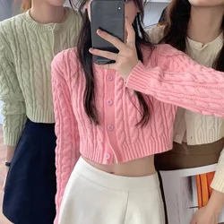 Cable Knit Crop Cardigan for Women Teen-girl Slim-fit Long Sleeve Button Down Sweater Jacket Fall Winter  90s Outfit
