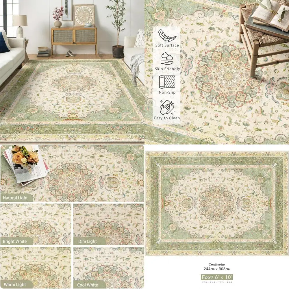 

Зеленые моющиеся коврики в стиле бохо, 8x10 для гостиной/столовой/спальни, винтажный потертый восточный дизайн