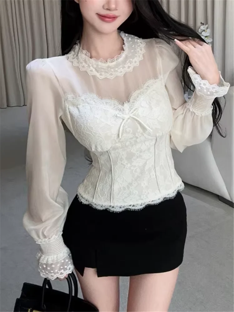 

2026 New Spring Women Sheer Mash Patchwork Lace Shirts French Long Sleeve Slim Apricot Short Blouse Elegant Tight Bottoming Top