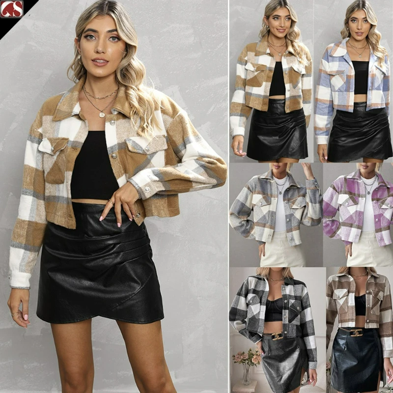 Women Wool Short Coat Plaid Single Breasted Jackets Blends Full Sleeve Spliced Pocket Lapel Coats Casual Streetwear Autumn 2026