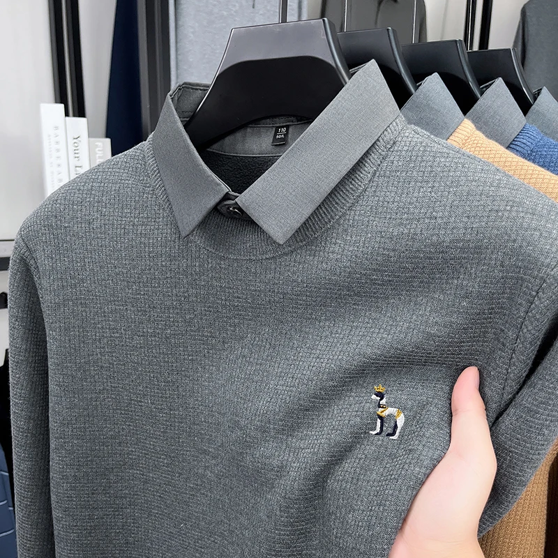 Luxury Quality Men's Knitted Sweater Fake Two-Piece Cartoon Dog Embroid Long Sleeve Winter Shirt Collar Business Casual Menswear