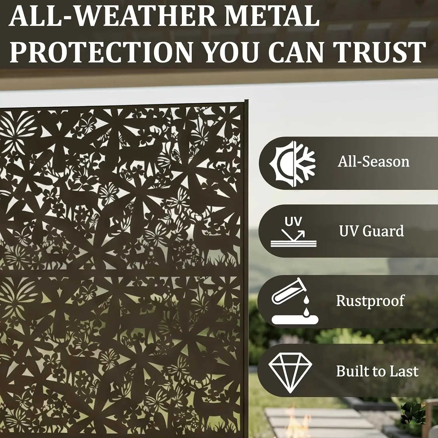 Metal Privacy Screen Outdoor 6FT - Freestanding Laser Cut Steel Garden Divider Panel with Stand, Decorative Modern Privacy