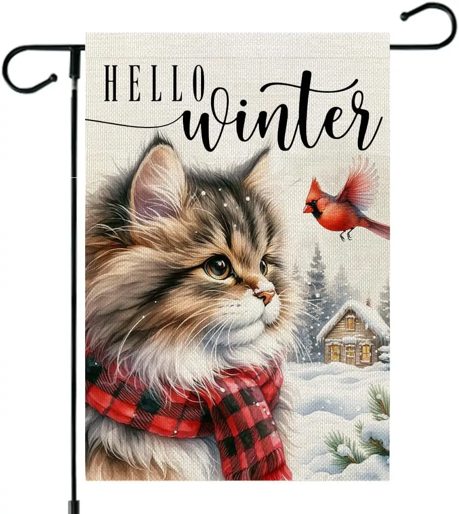 CROWNED BEAUTY Hello Winter Cat Garden Flag 12x18 Inch Double Sided for Outside Small Cardinal Welcome Burlap Yard Flag CF1316-1