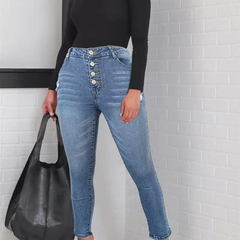 Nieuwe hoge elastische damesjeans, slim fit, perforatorknop, lange broek, grensoverschrijdende denim, faionable damesbroek