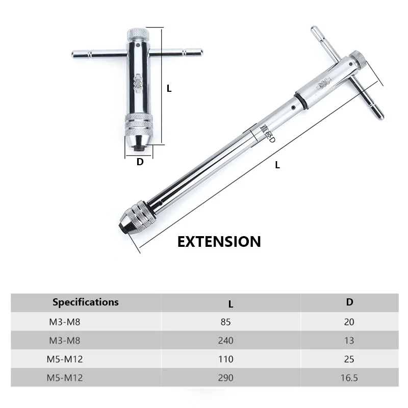 M1-8/M5-12/M6-25/M9-27 Chrome Vanadium Adjustable Ratchet Tap Holder Wrench Tap Wrench T-shape Extended Tap Reamer Tapping Tool