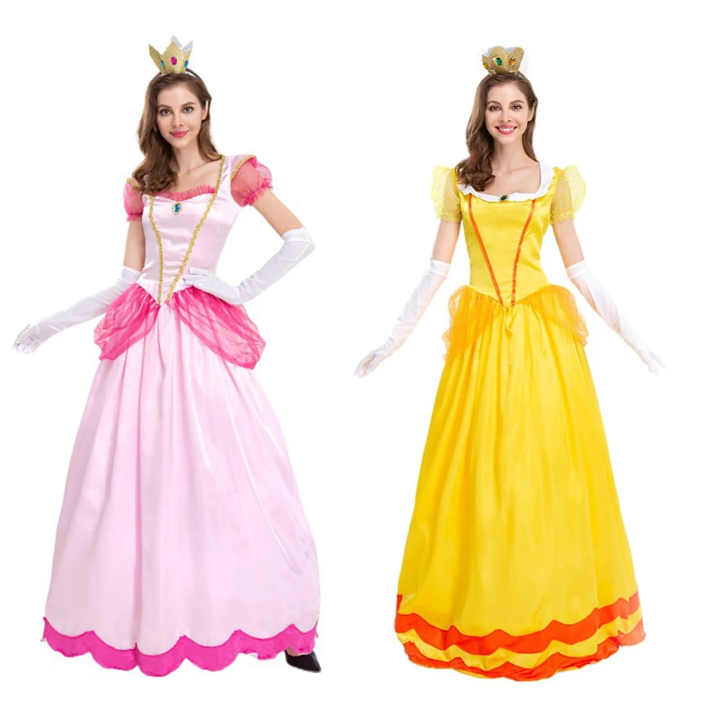 

Movie Peach Princess Cosplay Costume Women Pink Dress Full Set Female Role Play Court Evening Dress Halloween Carnival Party