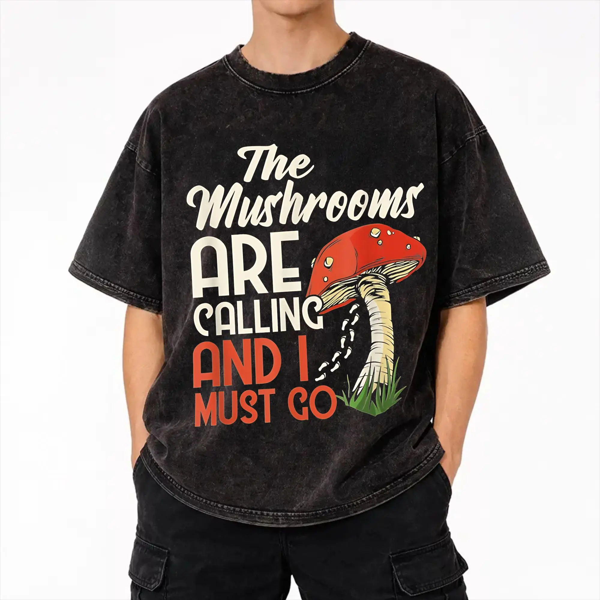Mushrooms Are Calling Outfit Washed T Shirts Men Women Streetwear Hip Hop T-Shirts Summer  Tee Shirt Short Sleeve