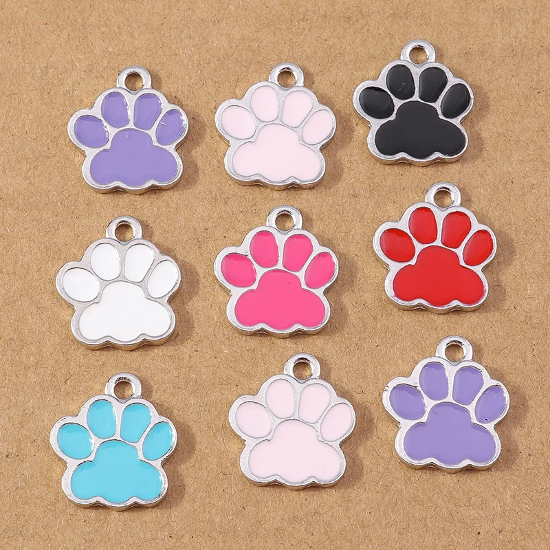 10 pçs bonito esmalte filhote de cachorro cão pata pegada encantos pingentes para fazer jóias brincos colar diy pulseira acessórios